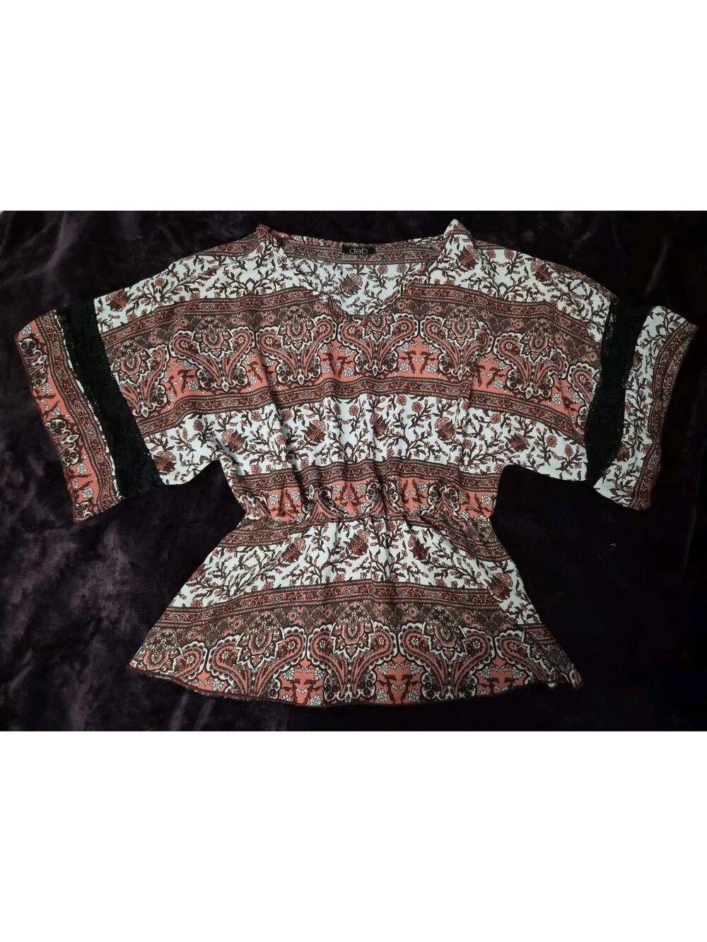 Women's Deb Blouse Pink Bohemian Print With Black Lace Sleeve Detail One Size